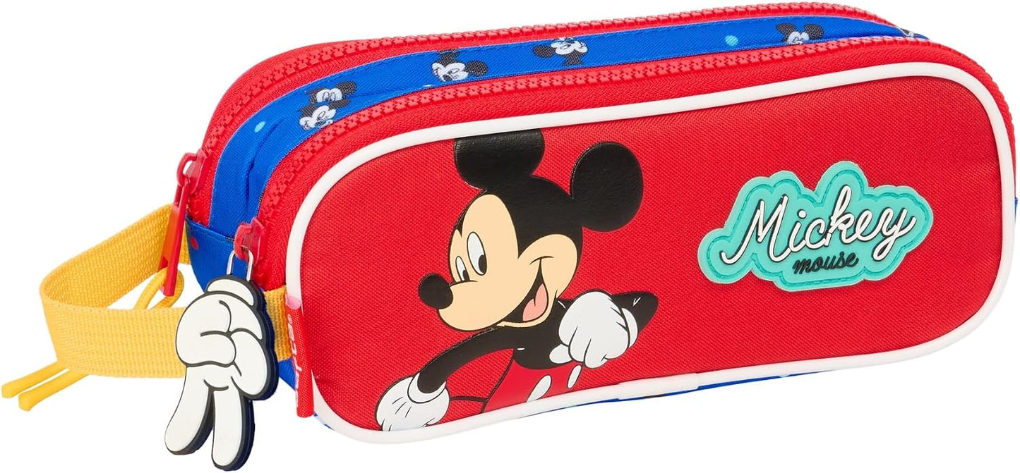 Trousse scolaire Mickey Mouse rouge et bleue avec 2 zips et dragonne