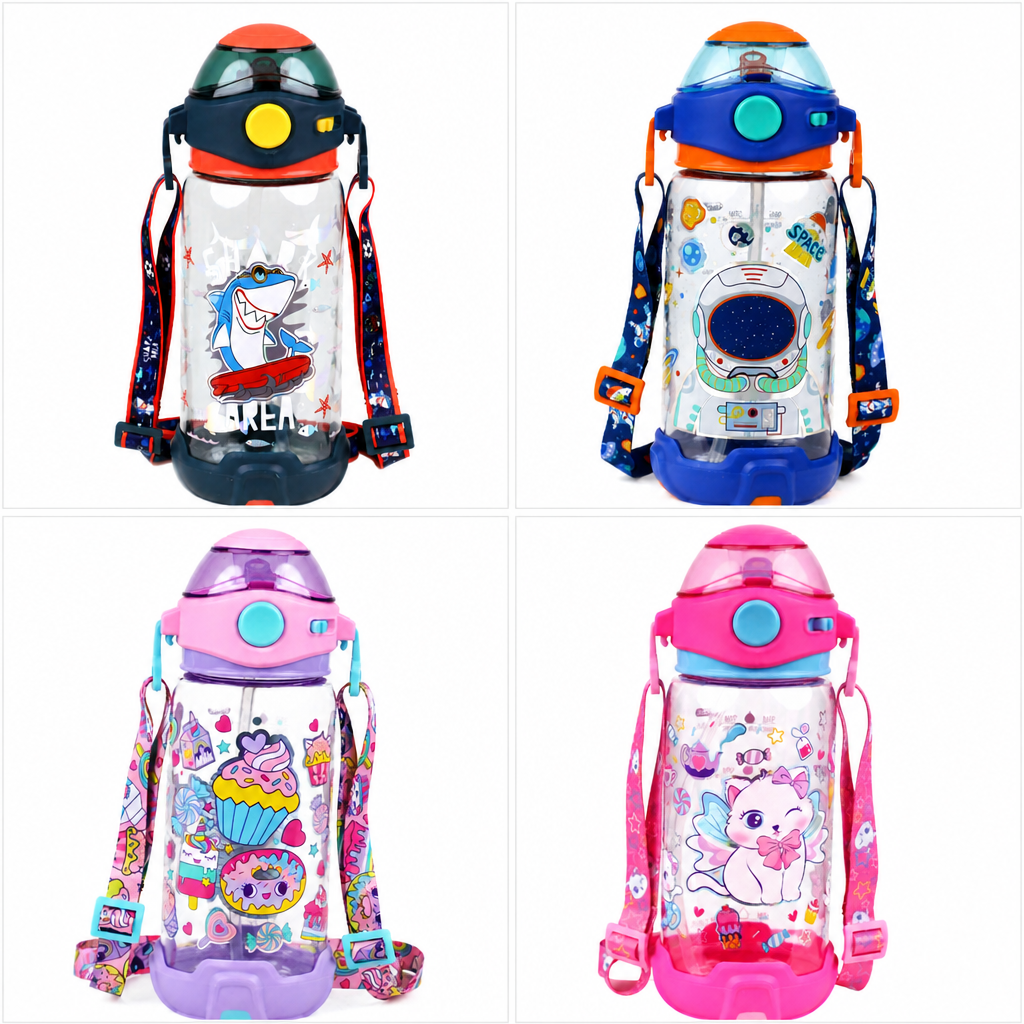 Gourde enfant plastique motif astronaute bleu et orange avec sangle ajustable