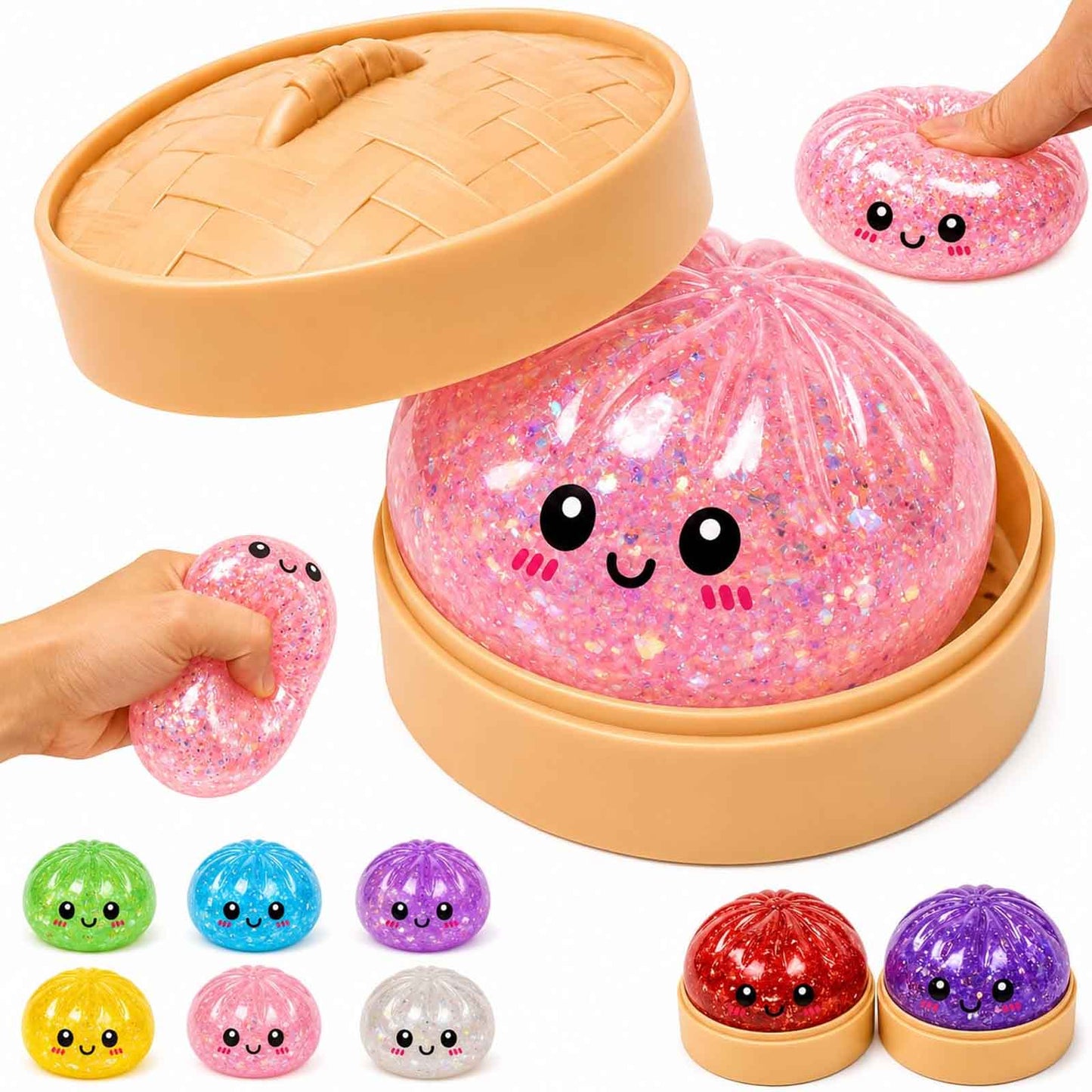 Squishy dumpling pailleté rose, rouge et violet avec visage rigolo — Palmetto Moon