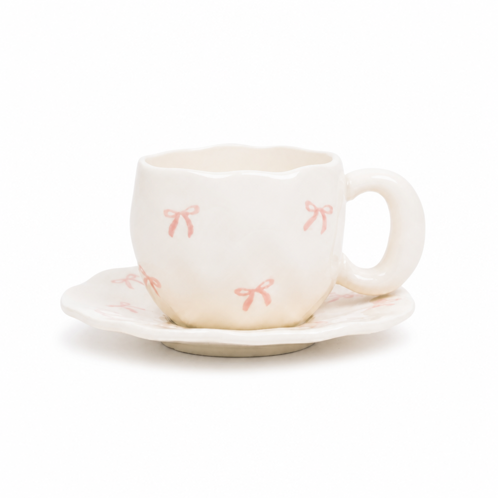 Tasse en céramique blanche et rose avec motif de nœuds et soucoupe assortie