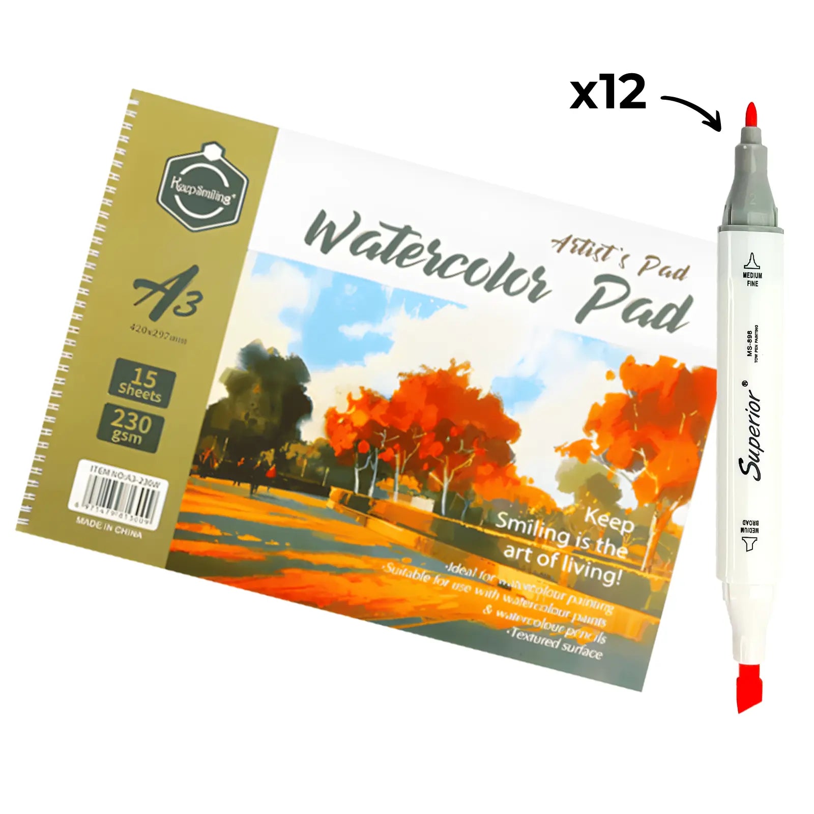 Pack Aquarelle Professionnel – Feutres Aquarellables Double Pointe + Carnet Watercolor 230 g/m² (A5, A4 ou A3) - Librairie Oxford City