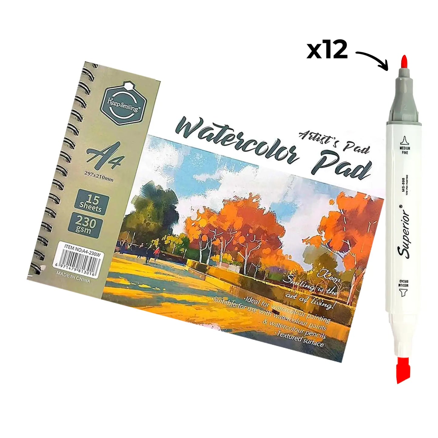 Pack Aquarelle Professionnel – Feutres Aquarellables Double Pointe + Carnet Watercolor 230 g/m² (A5, A4 ou A3)