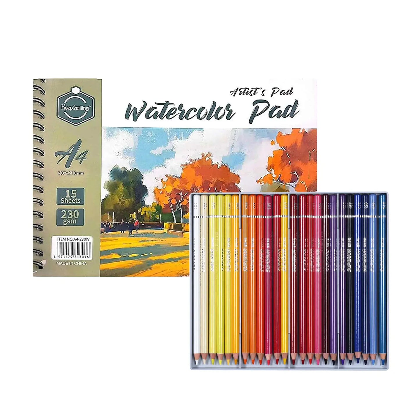 Pack Aquarelle Complet – 24 Crayons Aquarellables + Bloc Aquarelle - Librairie Oxford City