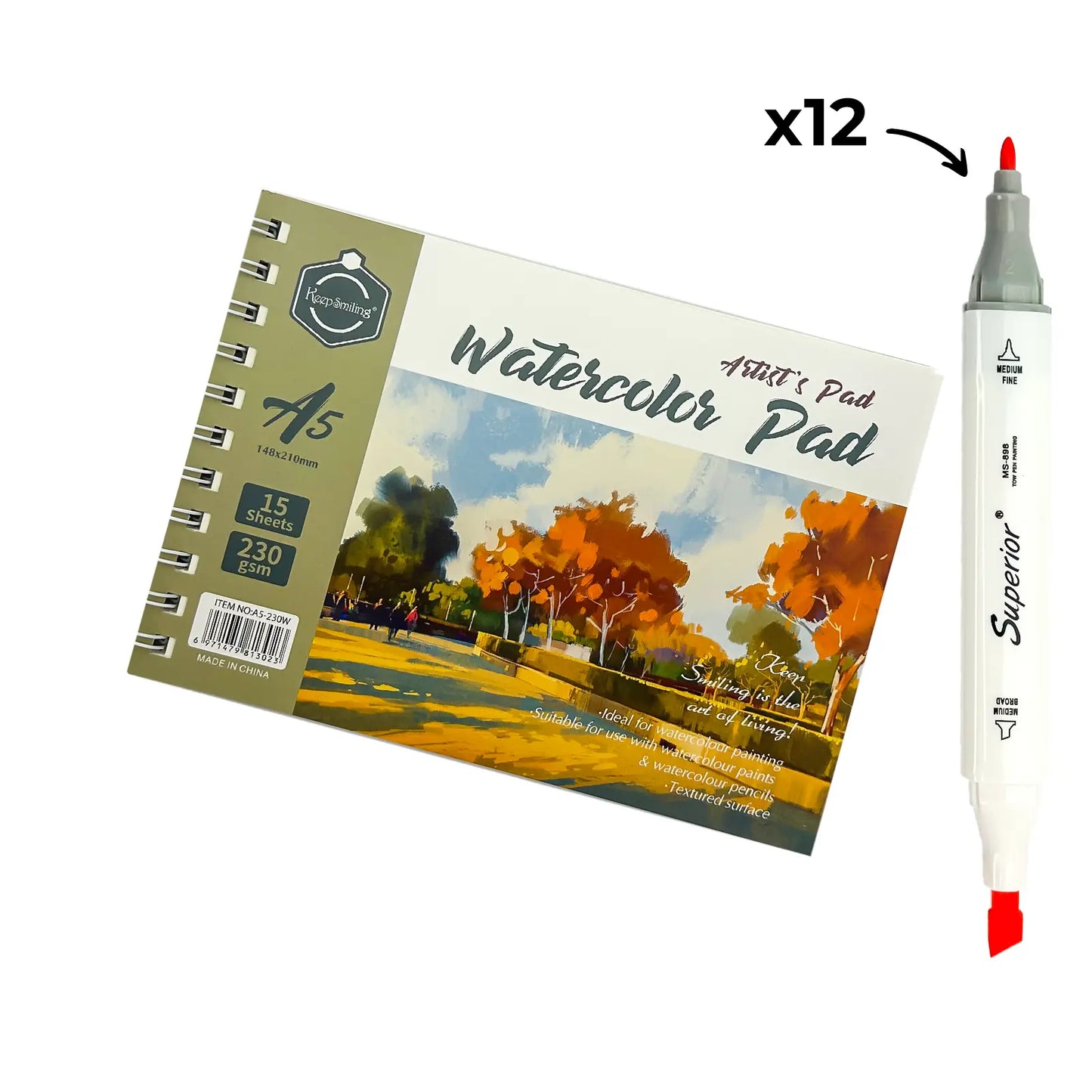 Pack Aquarelle Professionnel – Feutres Aquarellables Double Pointe + Carnet Watercolor 230 g/m² (A5, A4 ou A3)