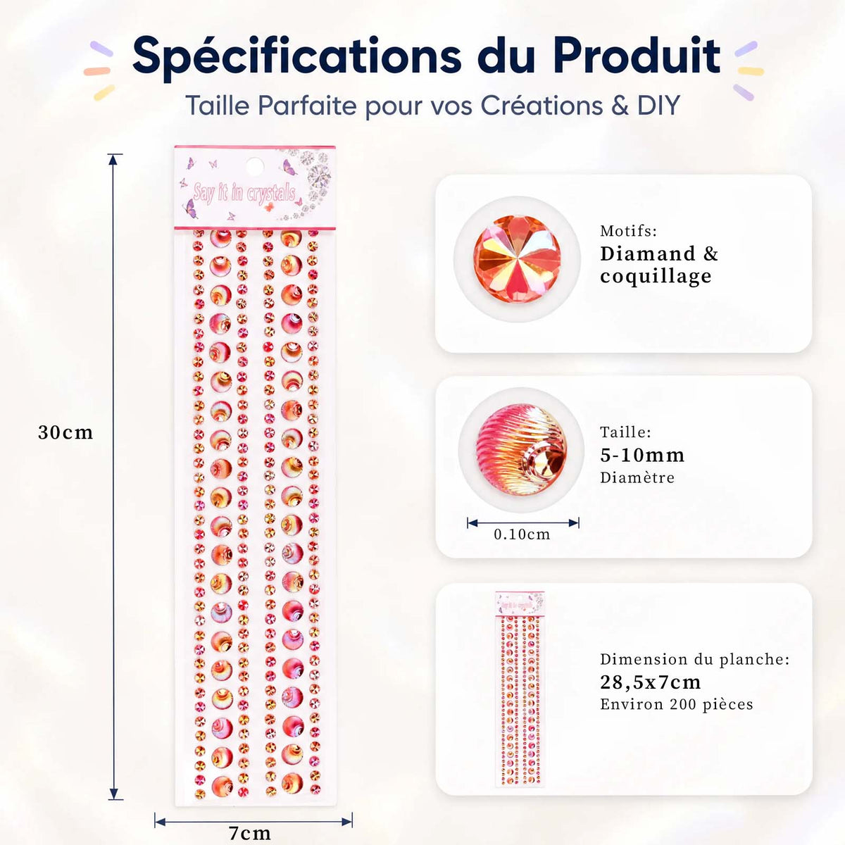 Pack Gem Stickers Strass Coquillage – 6 Planches + Colle + Pincette - Librairie Oxford City