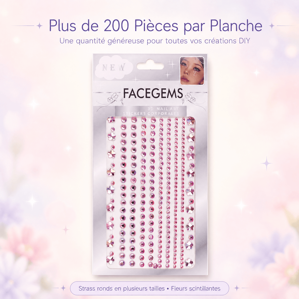 Pack Face Gems Strass Visage – 8 Planches + Colle + Pincette - Librairie Oxford City