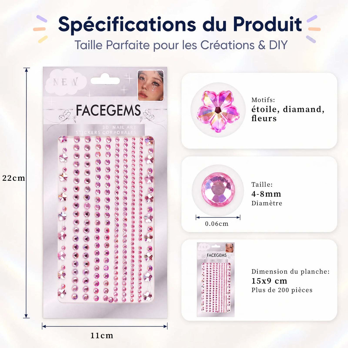 Pack Face Gems Strass Visage – 8 Planches + Colle + Pincette - Librairie Oxford City
