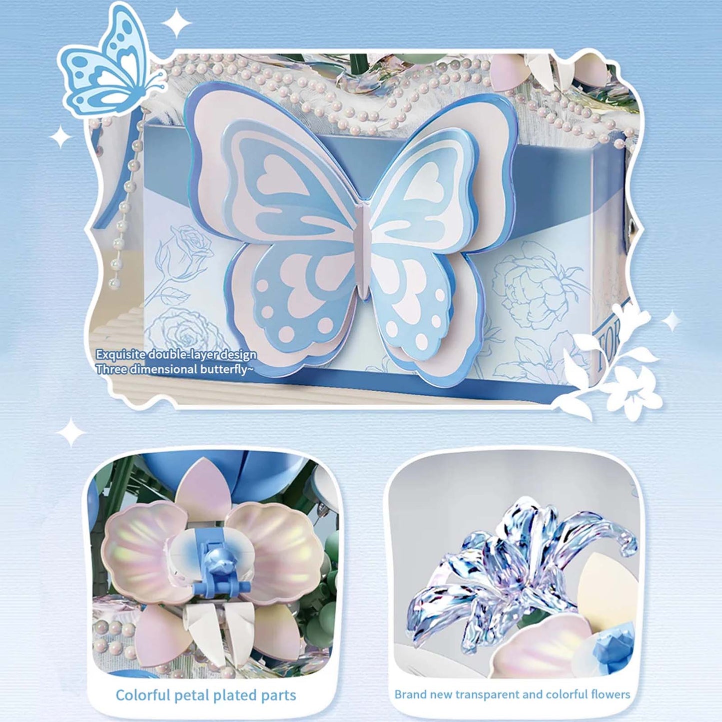 Bouquet Papillon en Briques – Romance Gift Box (Modèle au choix : Rose / Bleu / Violet / Fuchsia) - Librairie Oxford City