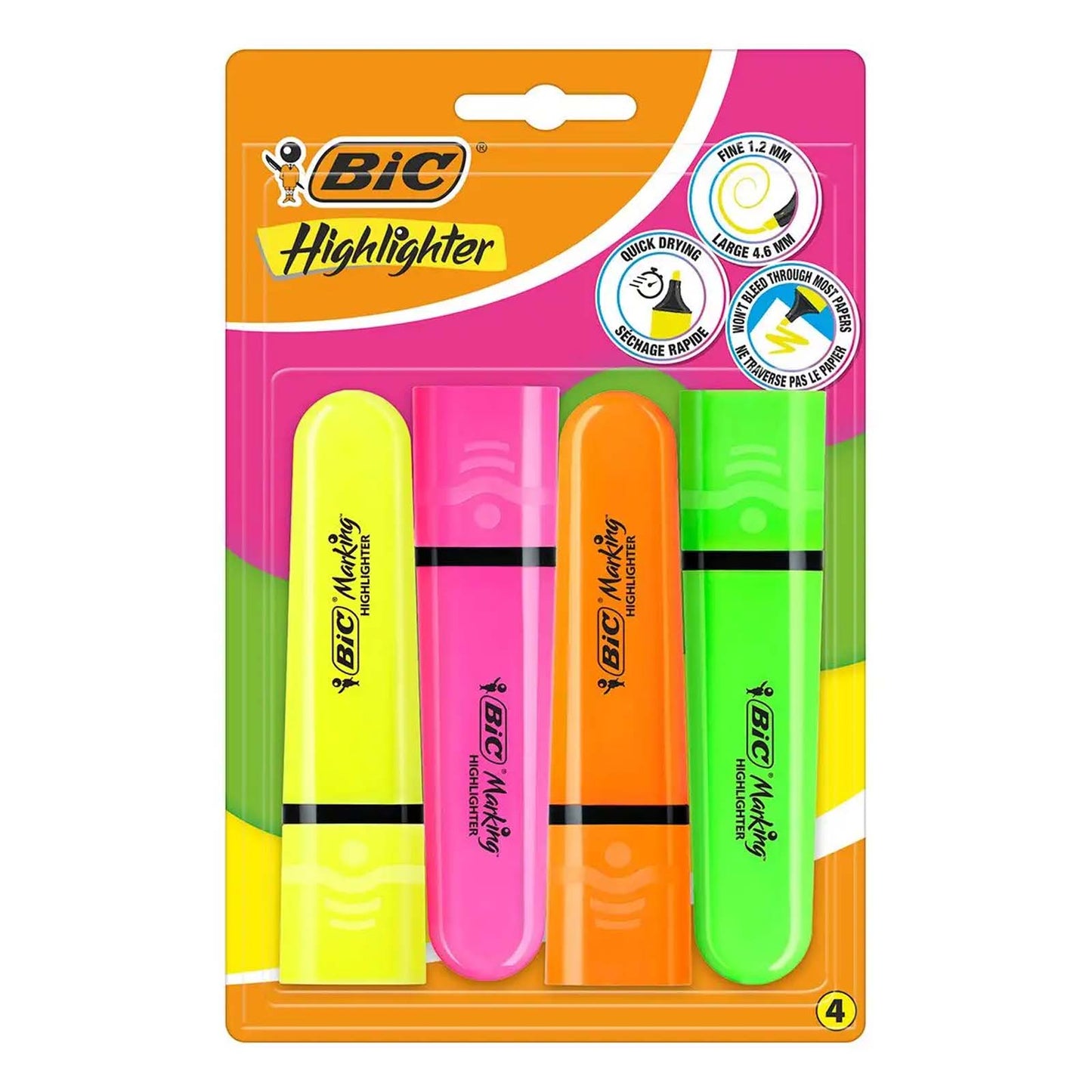 Surligneurs BIC Marking Flat Fluo - Assortiment de Couleurs Fluo, Pack de 4 - Librairie Oxford City