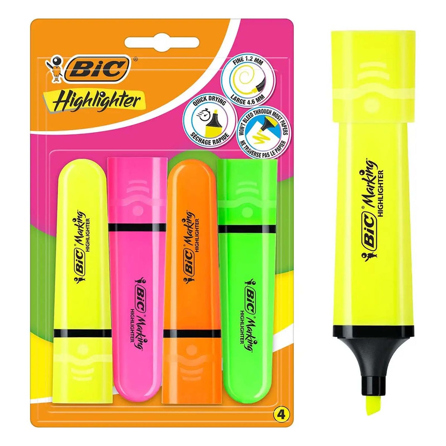 Surligneurs BIC Marking Flat Fluo - Assortiment de Couleurs Fluo, Pack de 4 - Librairie Oxford City
