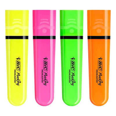 Surligneurs BIC Marking Flat Fluo - Assortiment de Couleurs Fluo, Pack de 4 - Librairie Oxford City