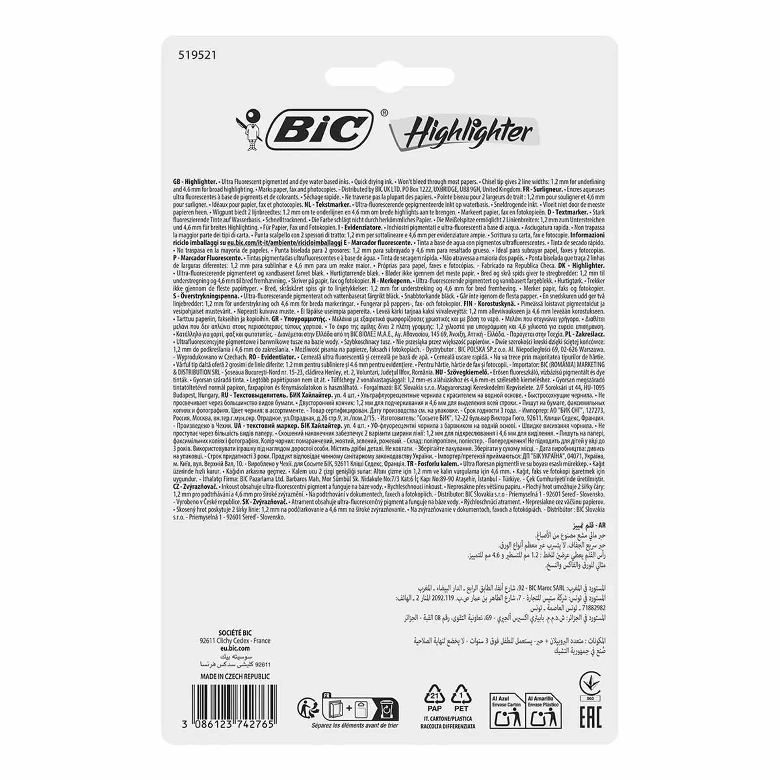 Surligneurs BIC Marking Flat Fluo - Assortiment de Couleurs Fluo, Pack de 4 - Librairie Oxford City