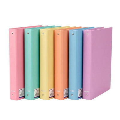Classeur A4 dos 40mm Purple Essential en 6 coloris pastel : rose, vert menthe, jaune, orange, bleu ciel et violet — marque Purple, fabriqué en Tunisie