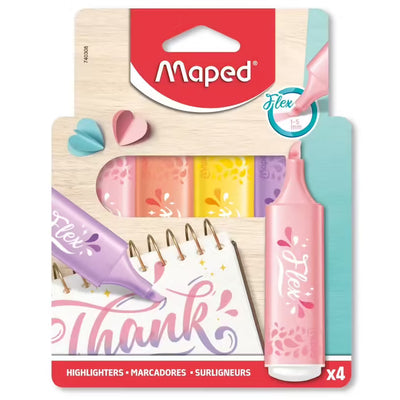 🌸 Pochette 4 Surligneurs Maped Fluo’peps Flex Pastel ✨ – Douceur & Confort d’Écriture 🌈