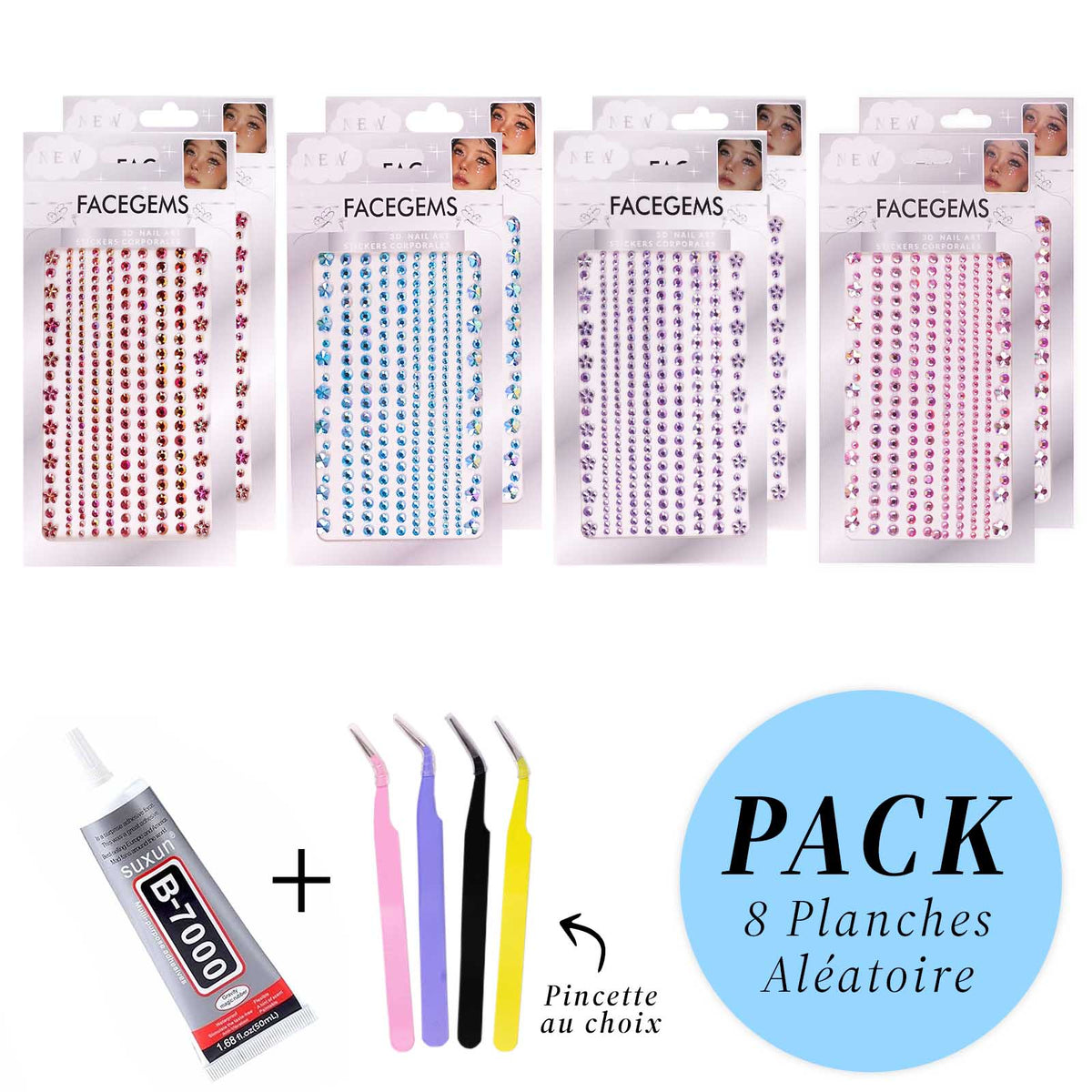 Pack Face Gems Strass Visage – 8 Planches + Colle + Pincette - Librairie Oxford City