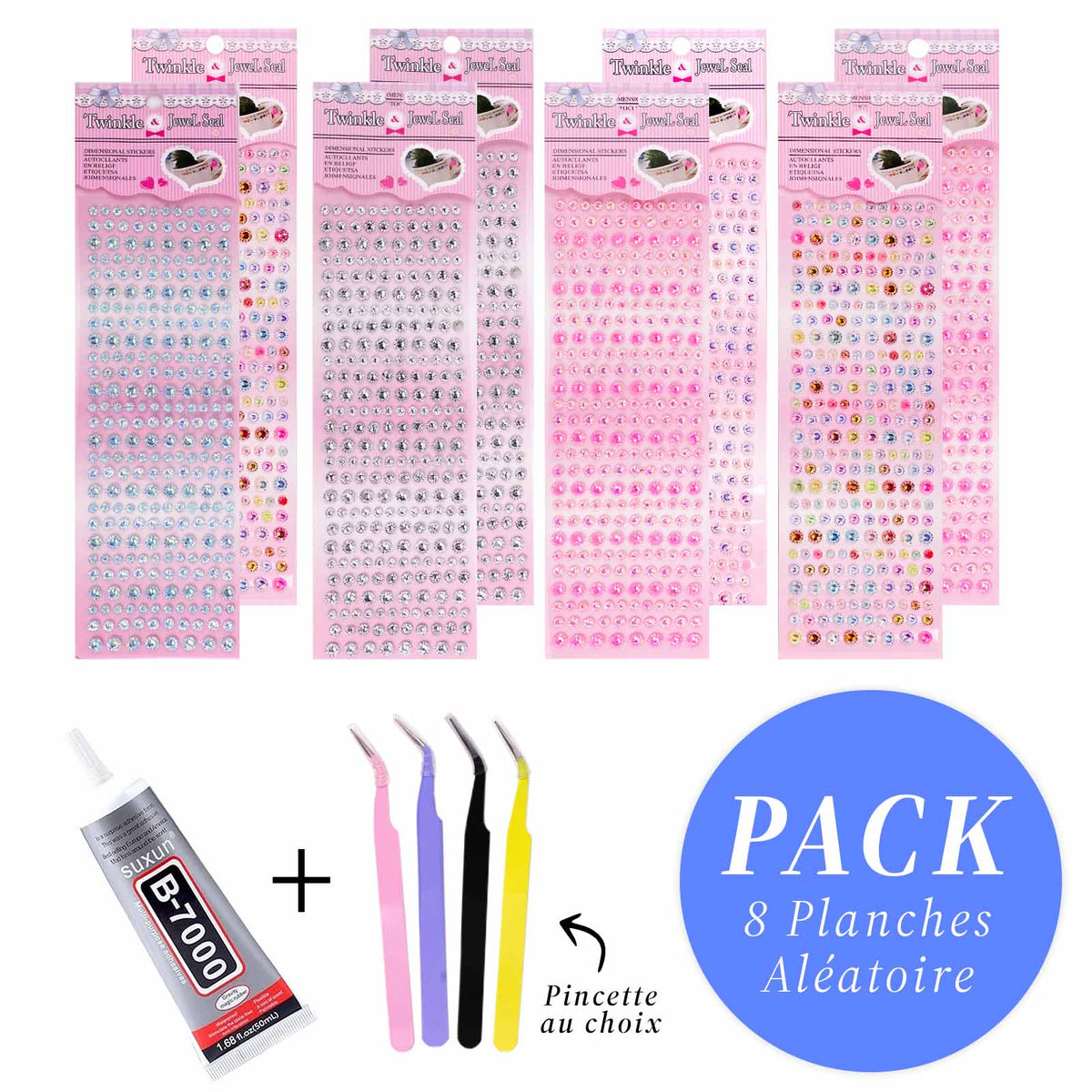 Pack Gem Stickers Strass Diamant Serti – 8 Planches + Colle + Pincette - Librairie Oxford City
