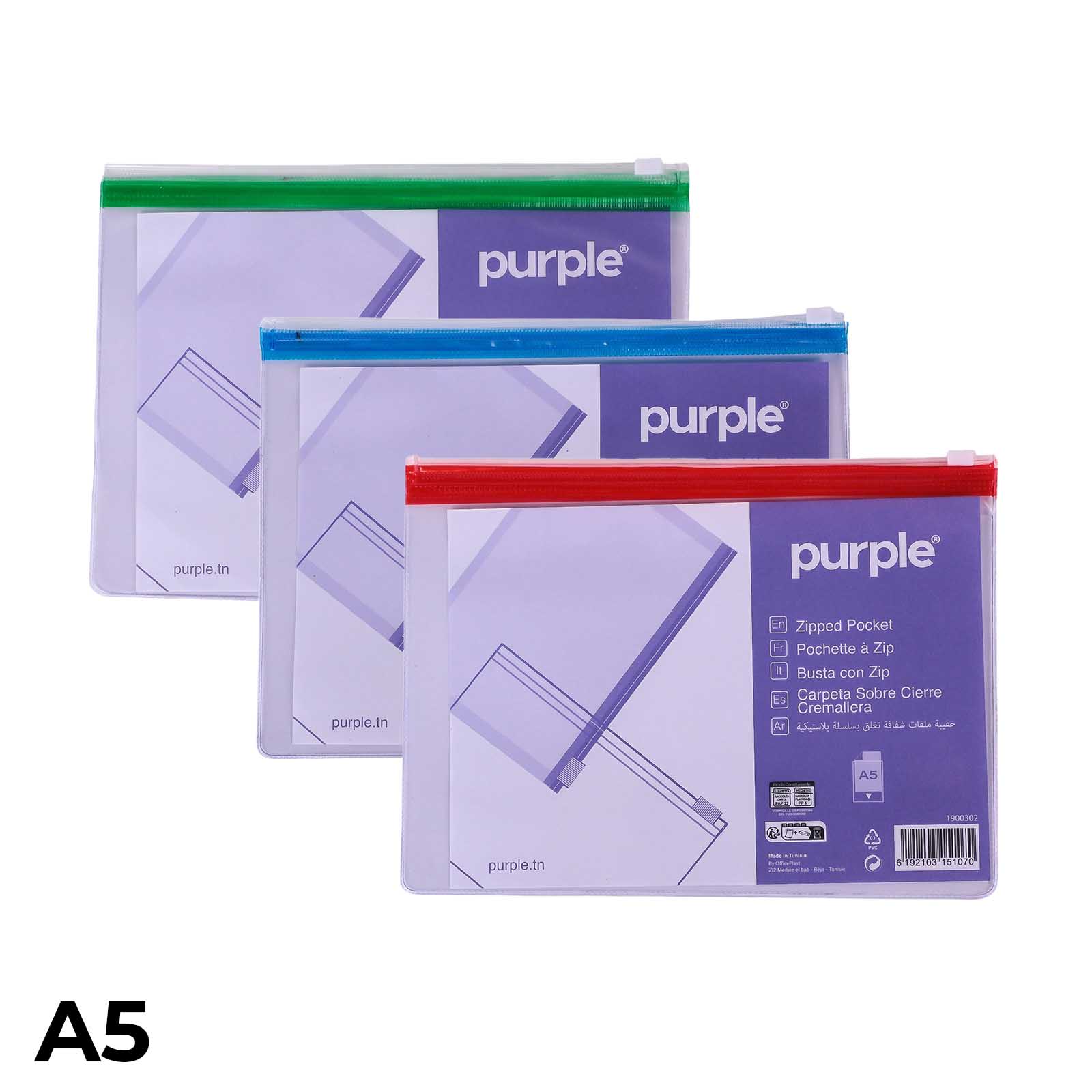 Pochette Zip Purple A5 – Transparente – Coloris Assortis - Librairie Oxford City