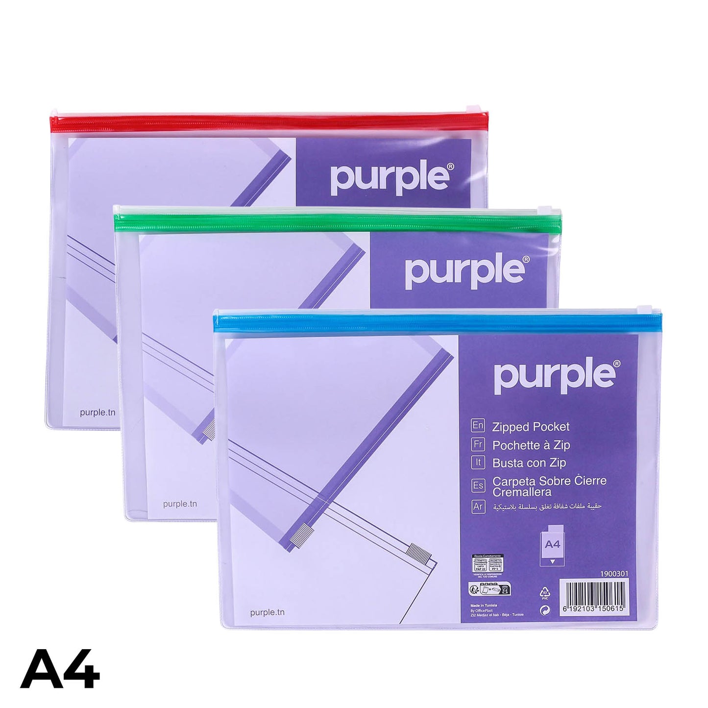 Pochette Zip Purple A4 – Transparente – Coloris Assortis - Librairie Oxford City