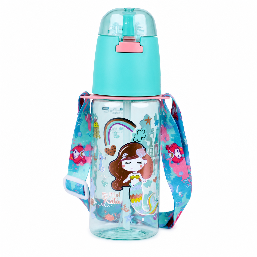 Gourde enfant 580ml Vest décor sirène turquoise et rose avec paille et bandoulière