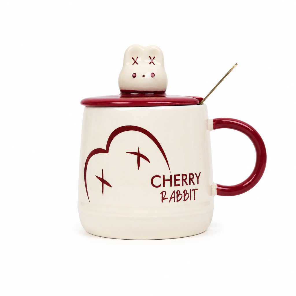 Mug céramique blanc et rouge motif lapin avec couvercle et cuillère