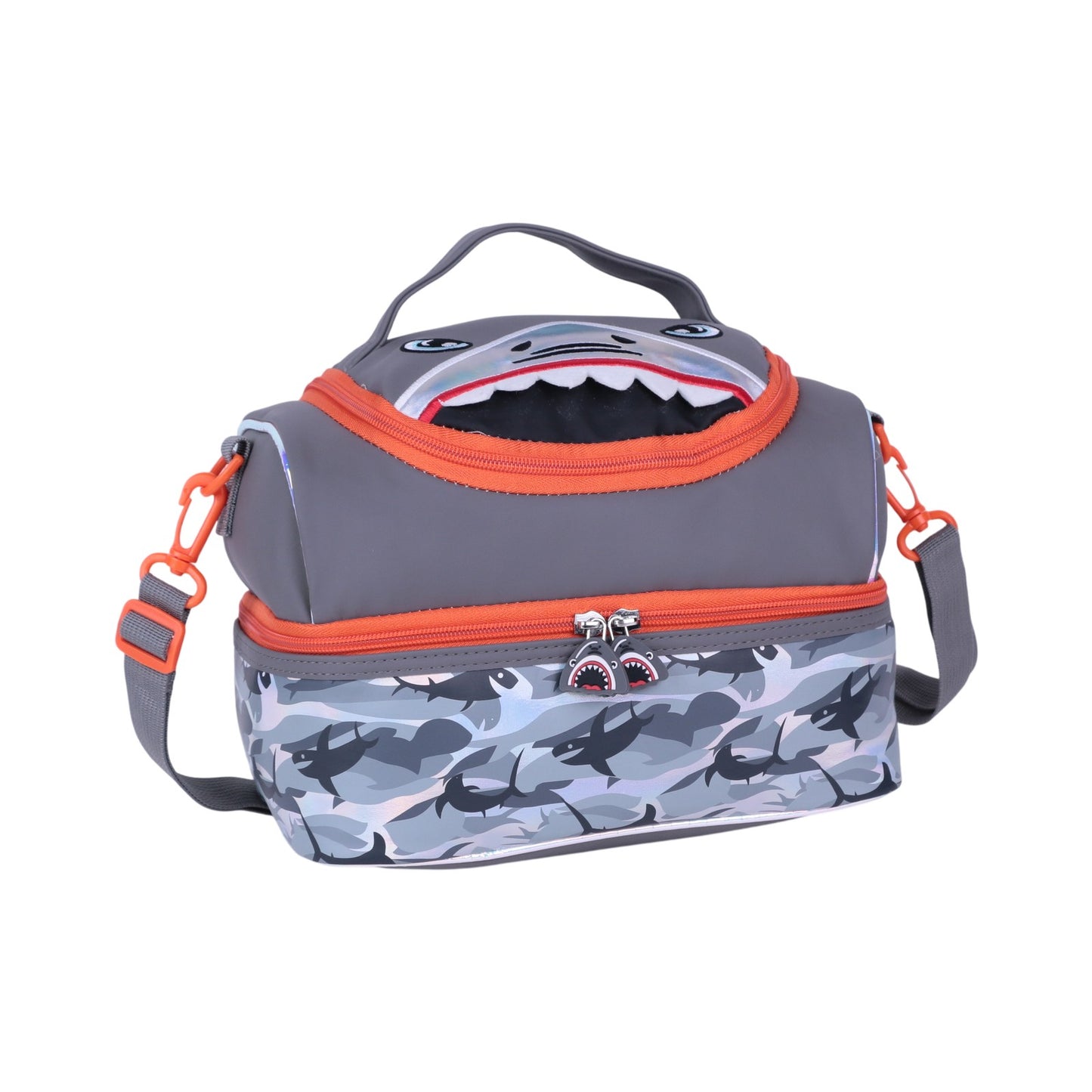 Sac à déjeuner isotherme enfant motif requin gris et orange avec bandoulière