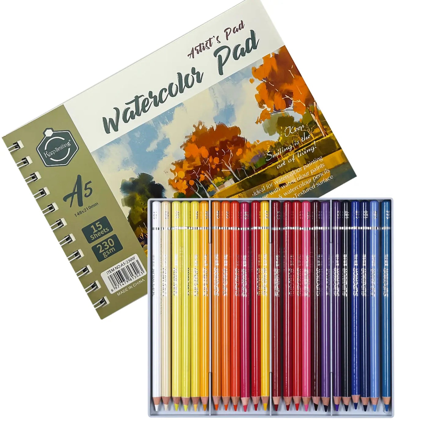 Pack Portrait Aquarelle – Crayons Aquarellables 24 Couleurs + Carnet Watercolor 230 g/m² (A5, A4, A3 ou Rond) - Librairie Oxford City