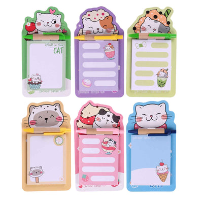 Bloc-notes magnétique kawaii en forme de chat avec stylo inclus. Feuilles 9×7 cm, 6 designs. Idéal pour frigo, casier ou bureau. Livraison en Tunisie.