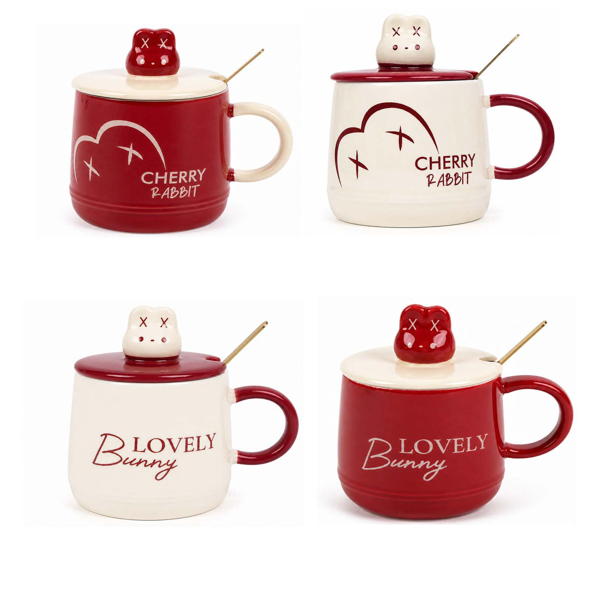 Mug Céramique Cherry Rabbit avec Couvercle et Cuillère — Lot de 3 - Librairie Oxford City
