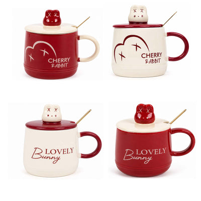 Mug Céramique Cherry Rabbit avec Couvercle et Cuillère — Lot de 3 - Librairie Oxford City