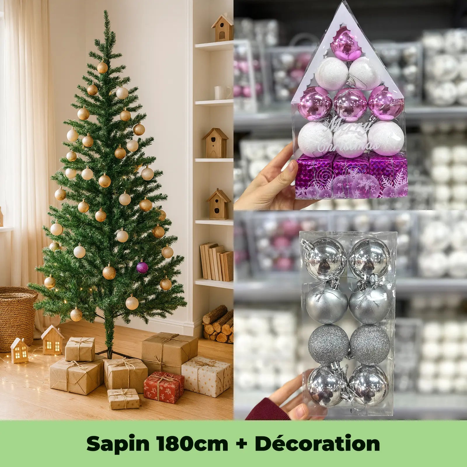 Pack Sapin 180cm – Argent & Rose (Décoration Incluse) - Librairie Oxford City