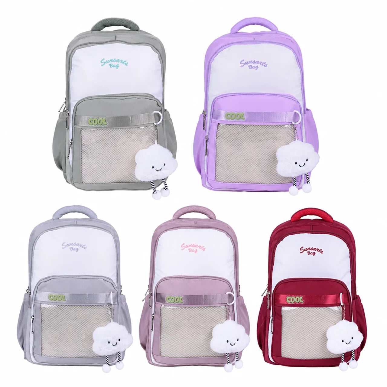 Sac à dos enfant Sunsarts Bag rouge et blanc avec motif nuage et poche avant filet