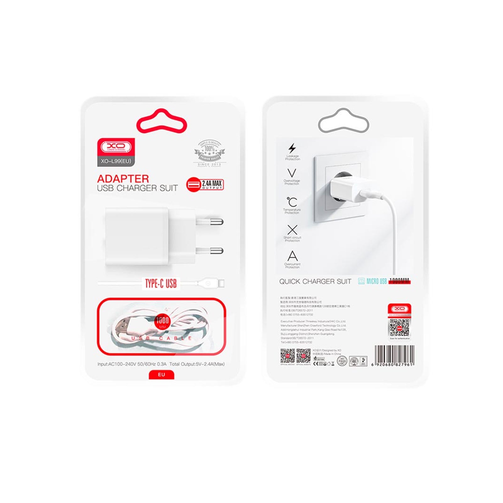 Chargeur Téléphone XO L99 EU avec Câble Type - C - Librairie Oxford City