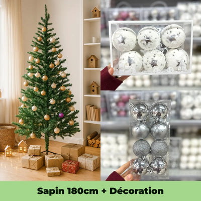 Pack Sapin 180cm – Argent & Blanc (Décoration Incluse) - Librairie Oxford City
