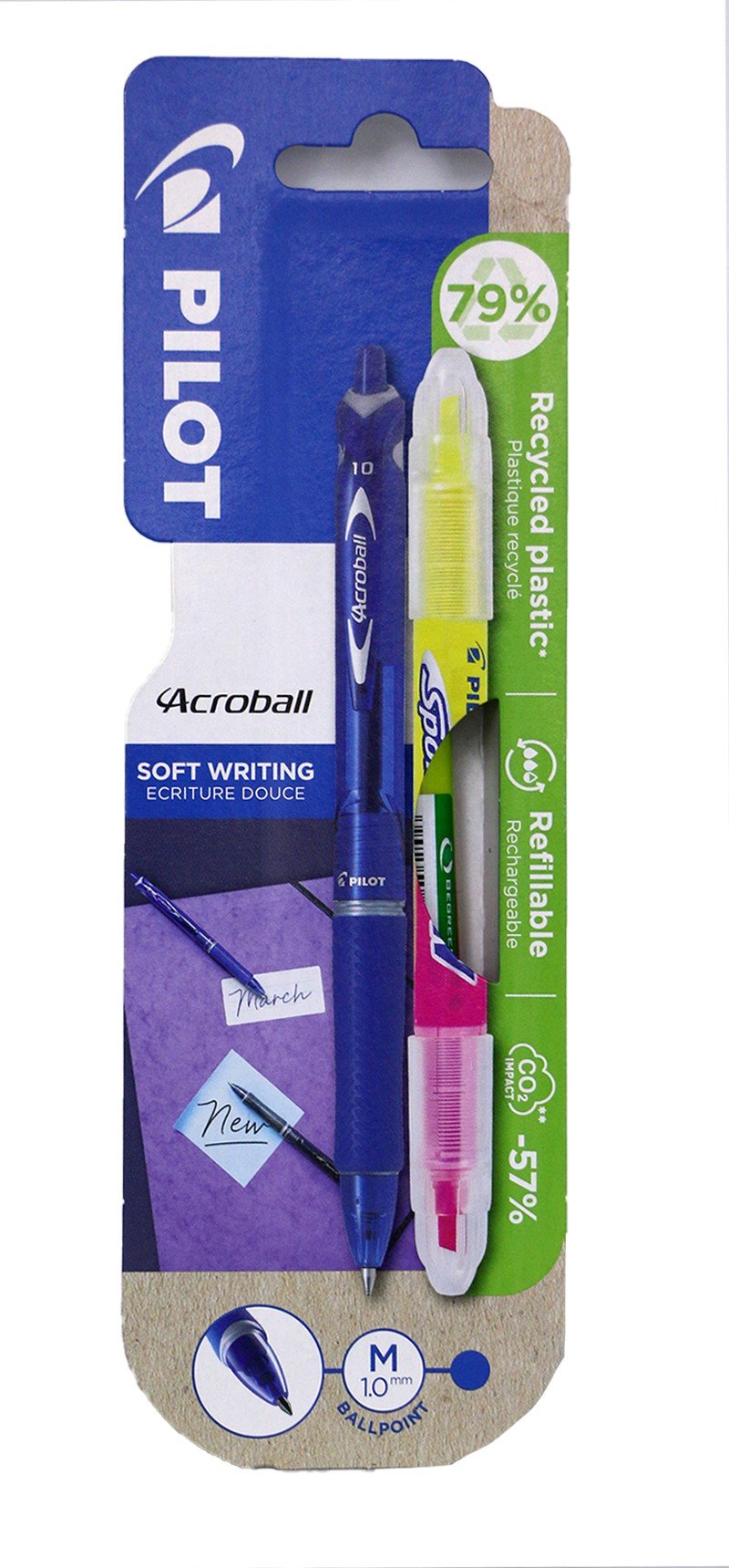 BLISTER 1 STYLO ACROBALL 1.0 BLEU + 1 SPOTLITER JAUNE/ROSE PILOT - Librairie Oxford City