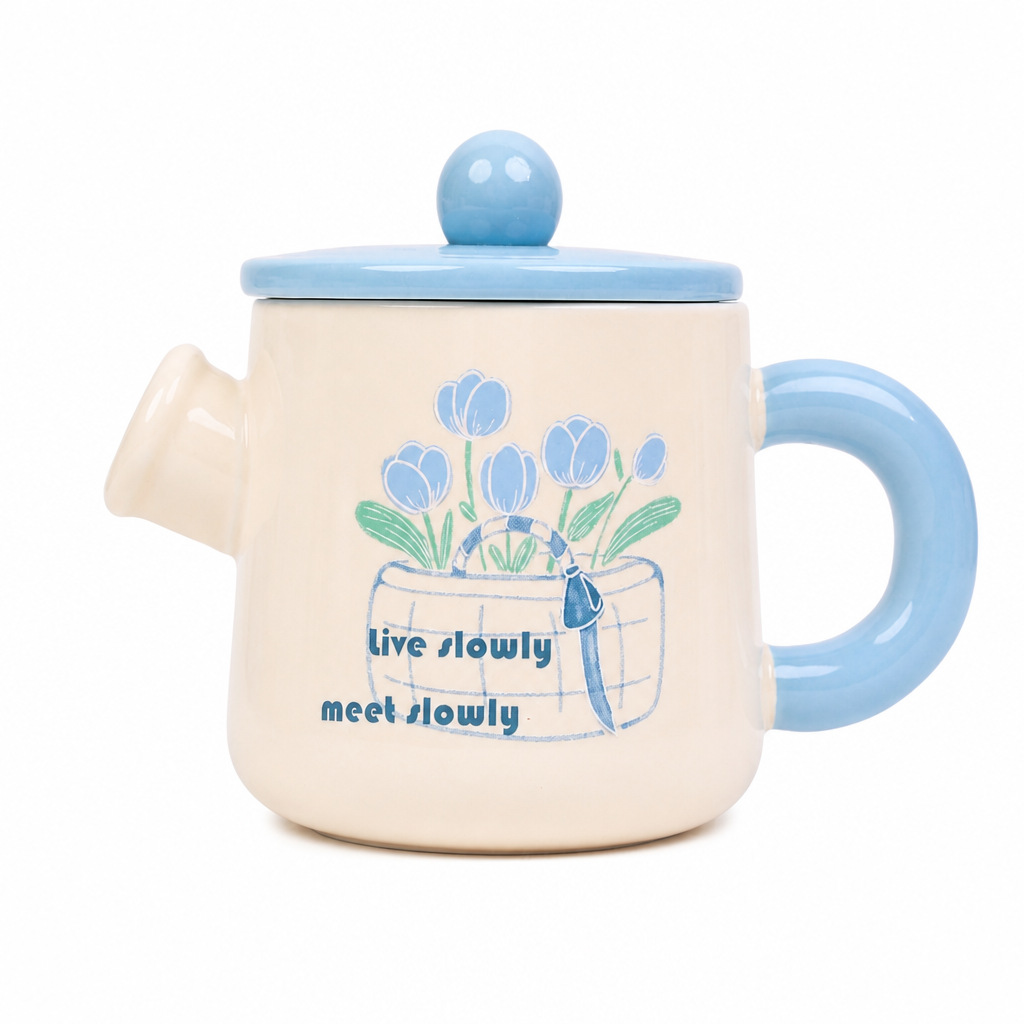 Théière en céramique bleue et beige avec couvercle et bec verseur
