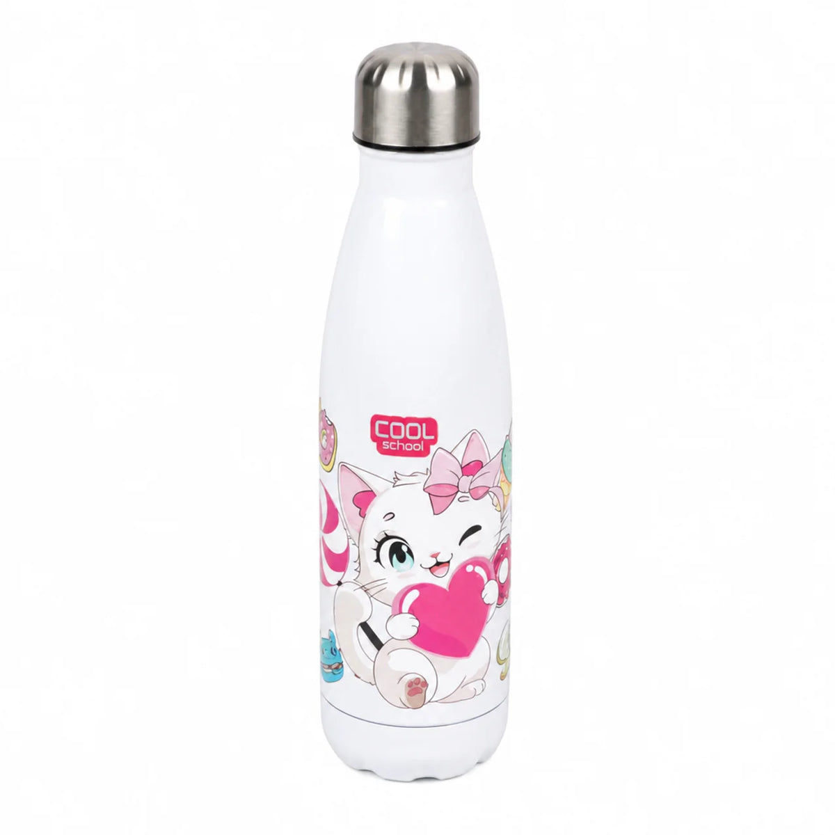 Gourde isotherme rose et blanche motif chat en acier inoxydable 500ml