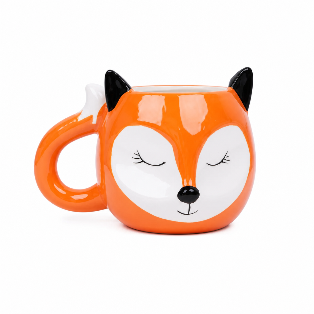 Mug en céramique blanc avec motif renard orange et noir, avec anse