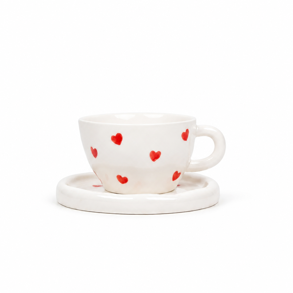 Tasse en céramique blanche avec motif cœurs rouges et soucoupe assortie
