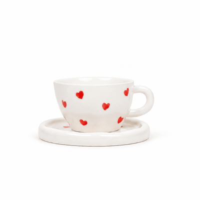 Tasse en Céramique avec Soucoupe — Motif Cœurs Blanc et Rouge - Librairie Oxford City