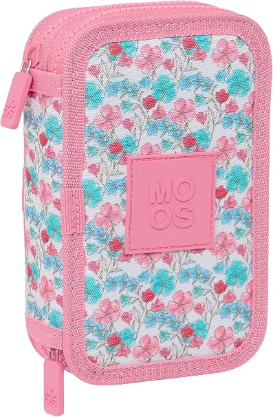 Trousse plate Moos 28 pièces en polyester rose bleu et blanc avec fermeture éclair