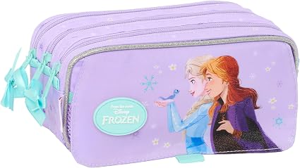 Trousse 3 compartiments Frozen avec Elsa et Anna, coloris violet et turquoise