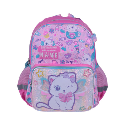 Cartable enfant rose et violet motif chat avec poche avant et poche latérale en maille