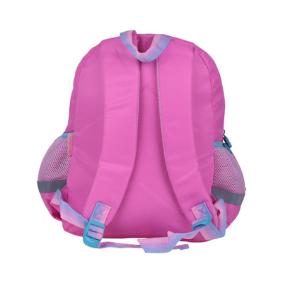 Cartable enfant rose et violet motif chat avec poche avant et poche latérale en maille