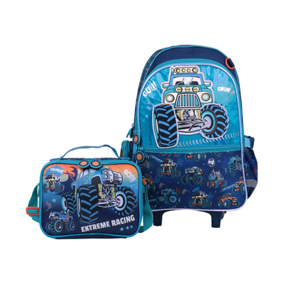 Cartable trolley Vest Monster Truck bleu et orange avec poignée télescopique et roulettes