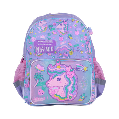Cartable licorne violet rose et bleu avec poche frontale et poches latérales