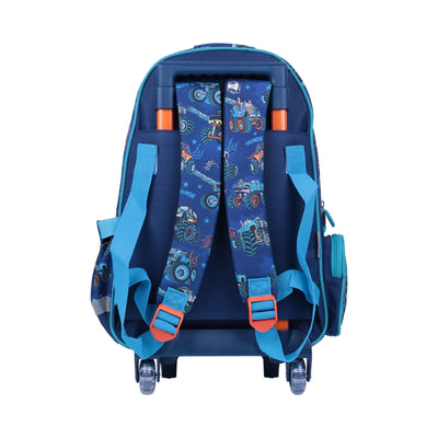 Cartable trolley Vest Monster Truck bleu et orange avec poignée télescopique et roulettes
