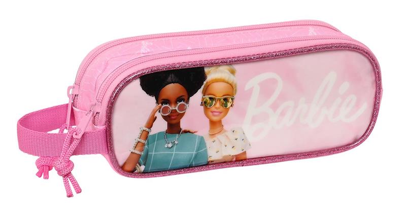 Trousse Barbie rose et blanc avec 2 fermetures éclair et poignée latérale