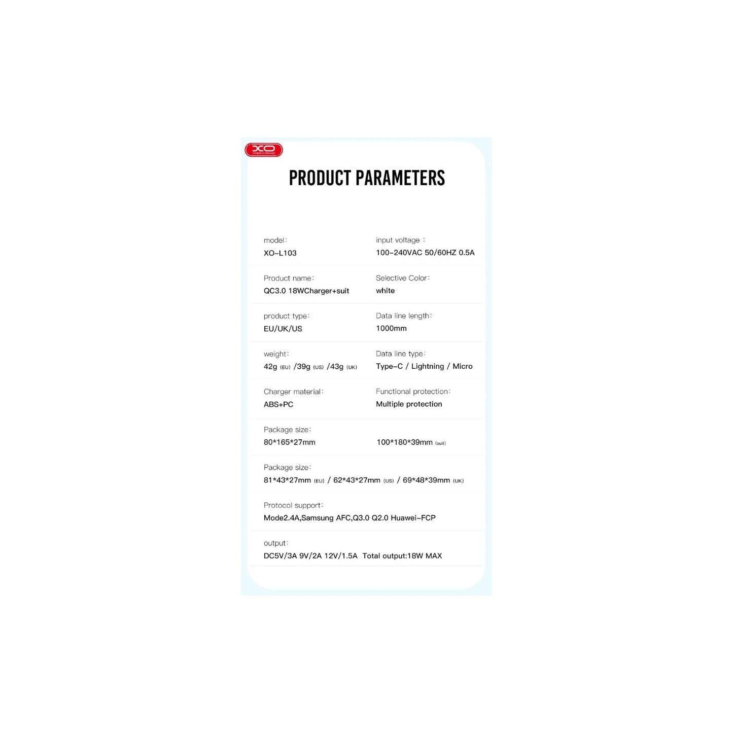 Chargeur Rapide XO L103 18W - Librairie Oxford City