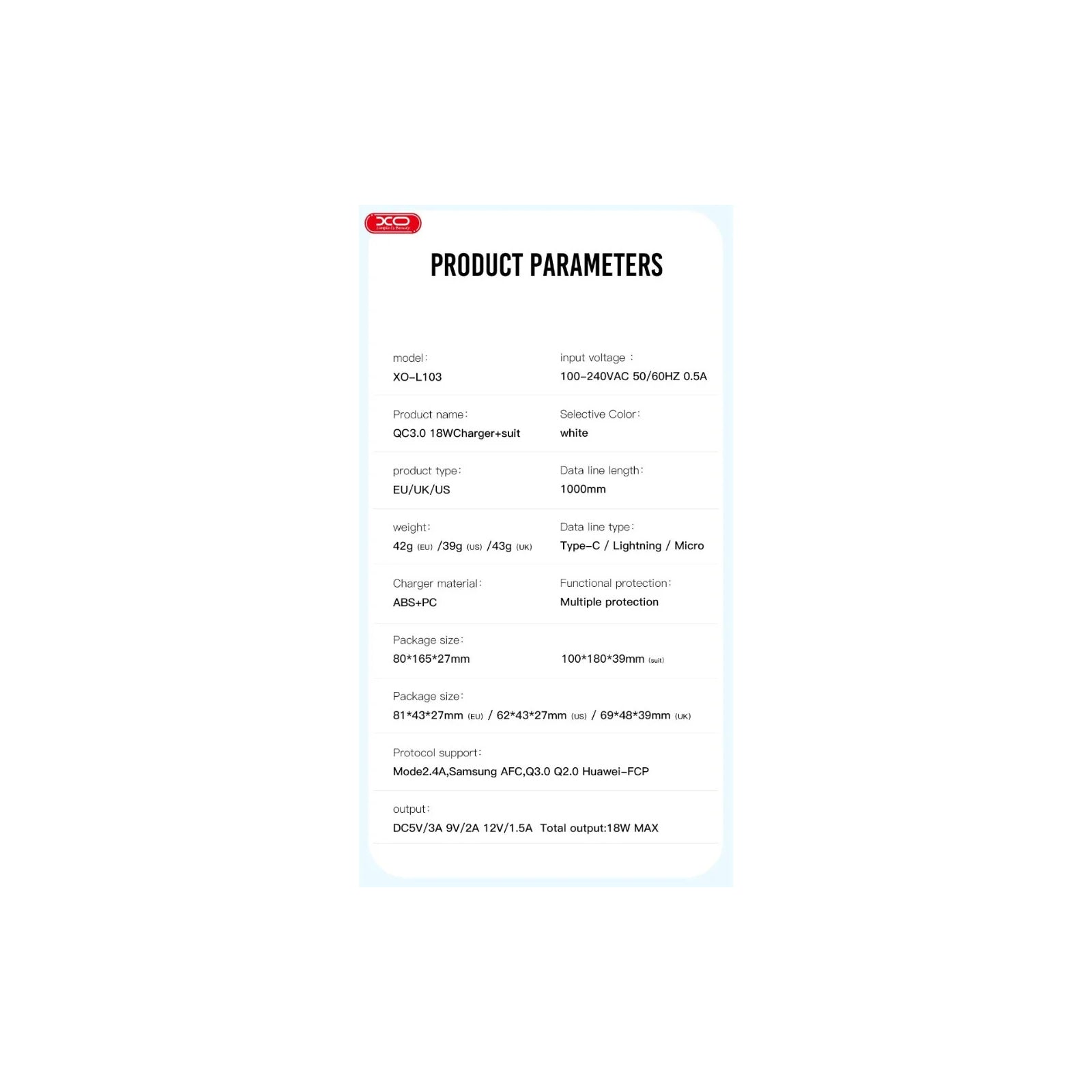 Chargeur Rapide XO L103 18W - Librairie Oxford City