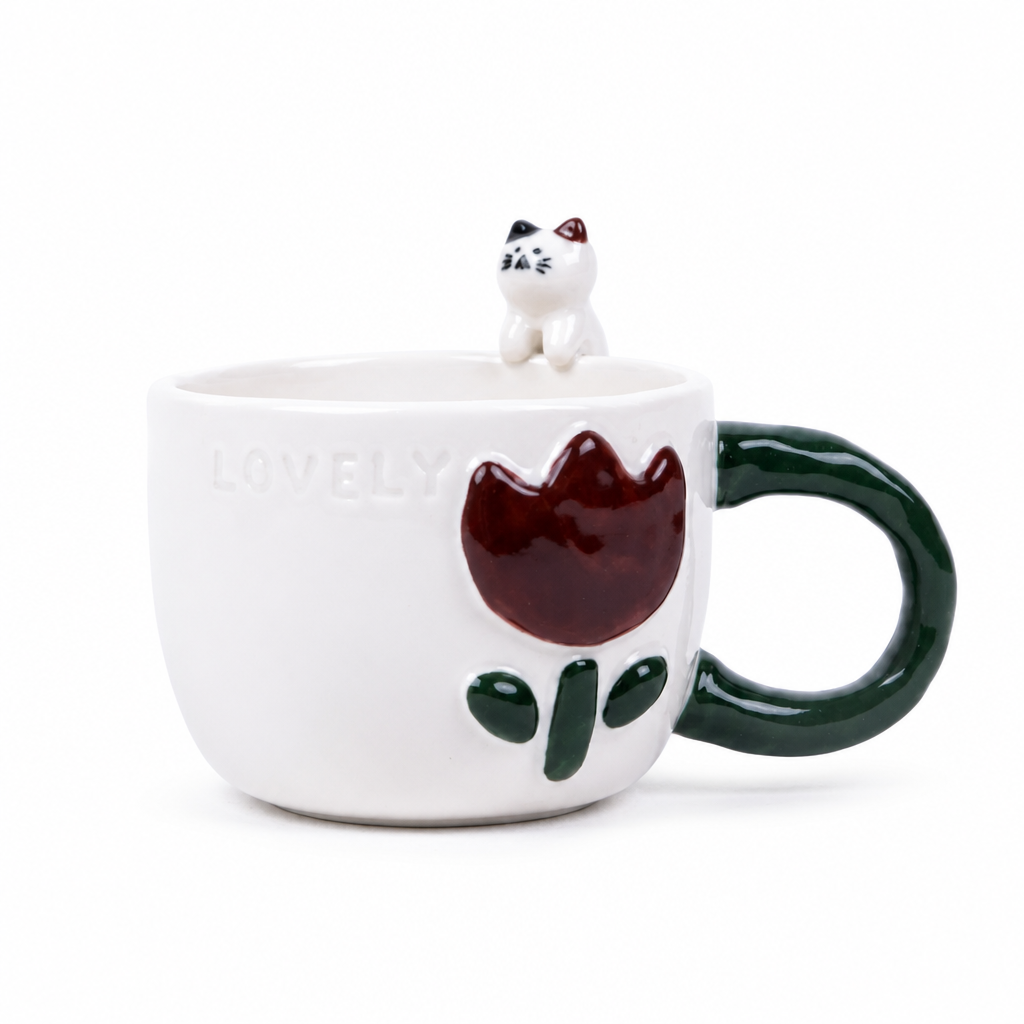 Mug en Céramique Décoratif — Motif Chat et Fleurs